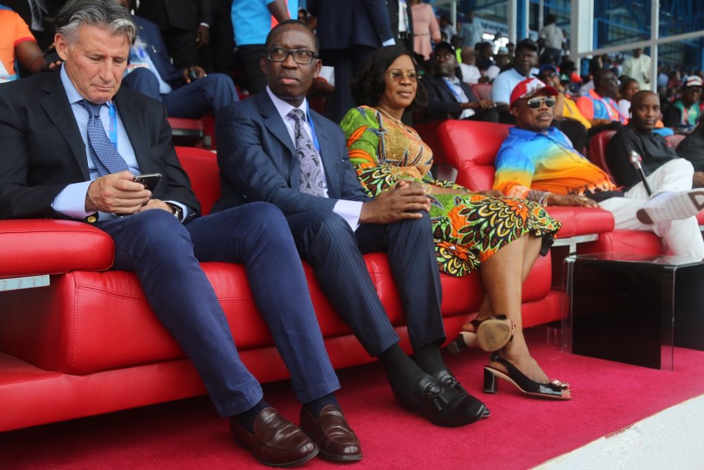 Delta State Governor, Senator Ifeanyi Okowa (2nd left); his wife, Dame Edith (2nd right); Governor of Anambra State, William Obiano (right) and the  President of International Association of Athletics Federation (IAAF), Lord Sebastian Coe, during the Opening Ceremony of the 21st African Senior Athletics Championship Asaba 2018.