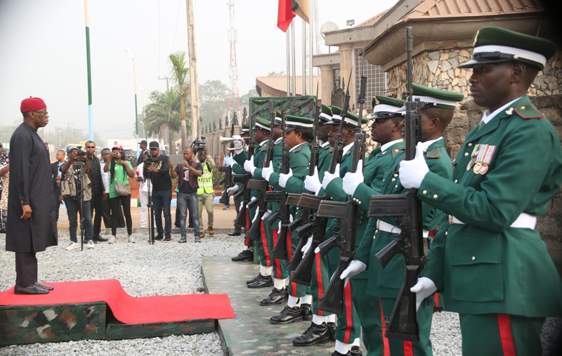 Delta State Governor, Senator Ifeanyi Okowa (left), before the inspection of a guard of honour mounted by a detachment of the Nigerian Army, during the inauguration of 63 Brigade, Nigerian Army in Asaba. PIX: BRIPIN ENARUSAI