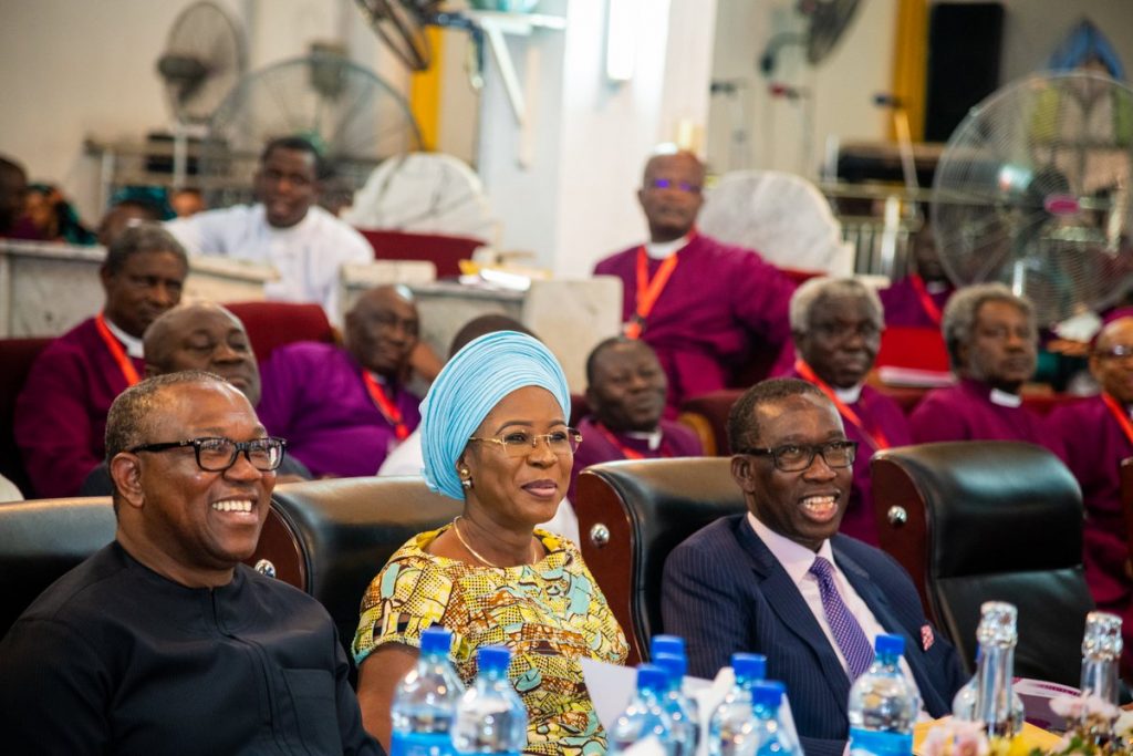 (R-L) Delta State Governor, Senator Ifeanyi Okowa; his wife, Dame Edith; PDP Presidential Candidate, Peter Obi during the Church of Nigeria Standing Committee Meeting of the Anglican Communion, held in Warri Delta State.