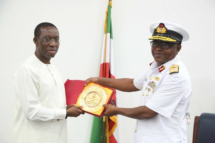 Okowa receives Rear Admiral Peter Onaji of Nigerian Navy