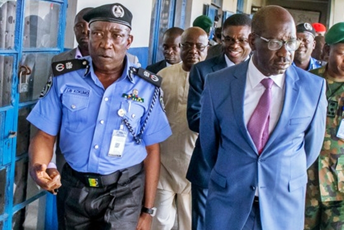 L-R: Edo State Commissioner of Police (CP),  Johnson Kokumo and Governor of Edo State, Mr. Godwin Obaseki, during the inspection of facilities at the State Police Command in Benin City, on Thursday, November 16, 2017