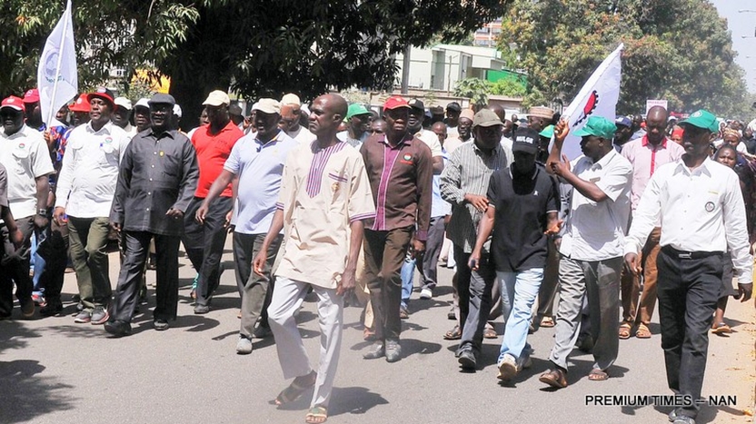Members of Nigeria Labour Congress (NLC) and Nigeria Union of Teachers (NUT), Kaduna State chapter, protesting against the Mass sack of Teachers