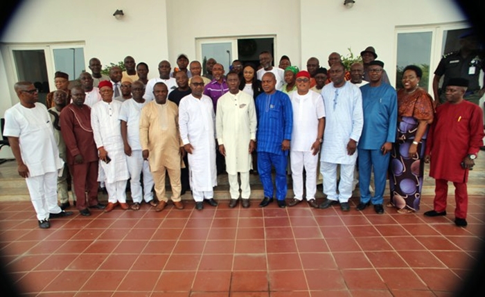 Delta State Governor, Senator Ifeanyi Okowa (7th Right), in a group photograph with non sitting members of the State House of Assembly, shortly after their courtesy call on the Governor in Asaba.