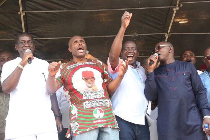 From left; Chief of Staff Government House, Rt. Hon. Tam Brisebe; Hon Michael Diden; Commissioner for Urban Renewal, Asupa Forteta and Chief Protocol Officer to the Governor, Mr. Ifeanyi Eboigbe, during Delta Political Vanguard Rally at Agbor.