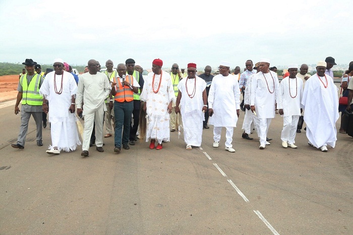 From left; Chief Press Secretary to the Governor, Mr. Charles Aniagwu; Onihe of Asaba, Chief Ubaka Attoh; Commissioner for Information, Mr. Patrick Ukah; Acting Permanent Secretary Ministry of Works, Mr. Edafe Ogor; Commissioner for Works, Chief James Augoye; Obi Engr. Godfrey Konwea and Other Chiefs, Inspecting Asaba International Airport.