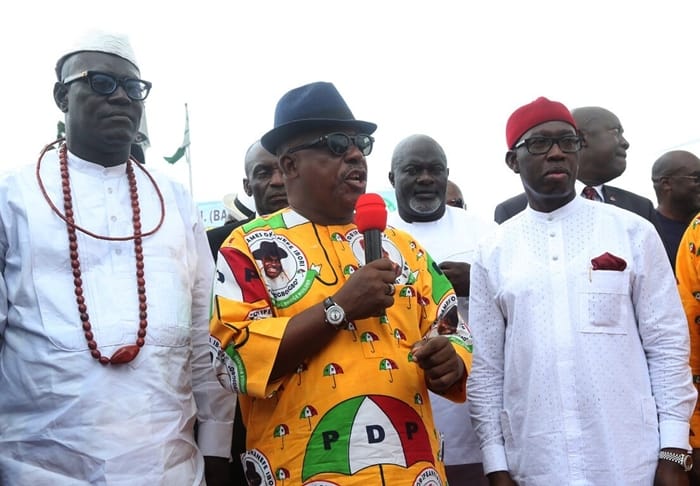 R-L: Delta State Governor, Senator Ifeanyi Okowa; PDP National Chairman, Prince Uche Secondus and State PDP Chairman, Barr. Kingsley Esiso