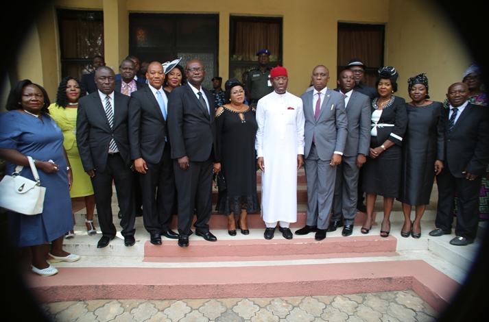 Delta State Governor, Senator Ifeanyio Okowa (6th right); Chief Judge, Justice Marshall Umukoro (5th right); President, Customary Court of Appeal, Justice Stella Ogene (6th left) in a group photograph with the newly appointed Judges shortly after their swearing-in ceremony in Asaba.
