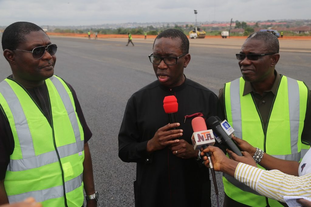 Delta State Governor, Senator Ifeanyi Okowa (middle); Commissioner for Works, Chief James Augoye(right) and Mr. Austin Ayemidejor, during the Governor’s Inspection of the Rehabilitation of Runway and Taxiways, Extension of Box Culvert and Ancillary Works, at Asaba International Airport.