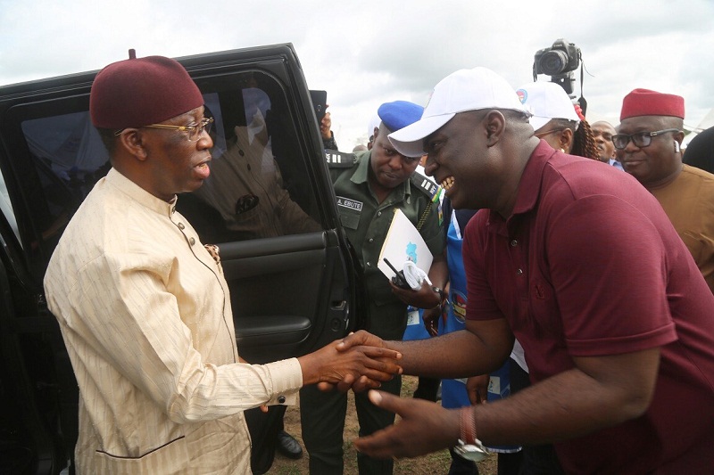 Delta State Governor, Dr. Ifeanyi Okowa (left) and Chairman, Isoko South Local Government Area, Hon. Itiako Ikpokpo, during the flag-off of Governor’s arrival to 2018 Measles Vaccination Campaign at Mini Stadium Oleh, Isoko South Local Government Area, Delta State.