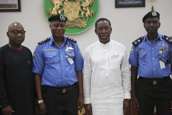 Delta State Governor, Dr. Ifeanyi Okowa (2nd right); Secretary to State Government, Rt. Hon. Ovie Agas (left); newly posted AIG Zone 5, Rasheed Akintunde (2nd left) and Commissioner of Police, Muhammad Mustafa, during a courtesy call on the Governor in Government House Asaba.