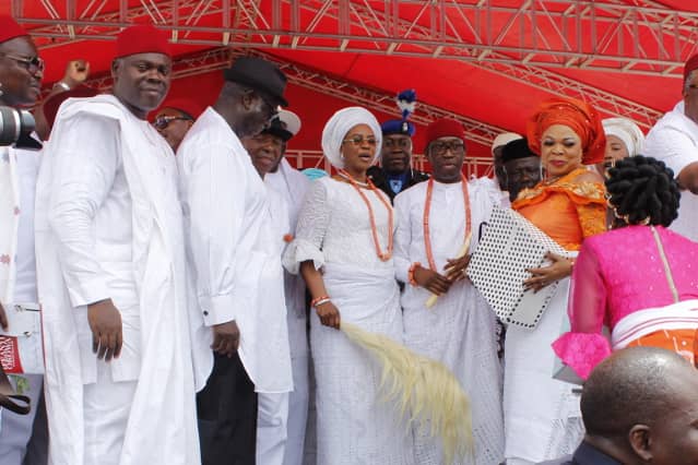 Hon Angela Nwaka stands next to Governor Okowa at the Grand Reception in Honour of the Governor by Anioma Nation