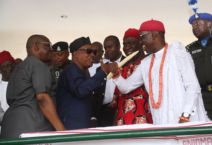 From right; Delta State Governor, Senator Ifeanyi Okowa; Deputy Senate President, Senator Ike Ekweremadu; PDP National President, Prince Uche Secondus and Governor of Rivers State, Nyesom Wike, during Anioma Nation Grand Reception in Honuor of Governor Okowa, at the Cenotaph, High Court Road Asaba.