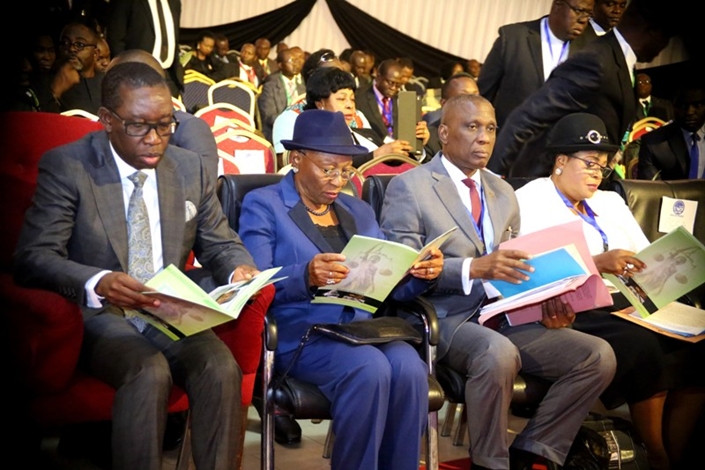 From Left: Delta State Governor, Senator Ifeanyi Okowa; Justice Rosaline Bozimo, representing the Chief Judge of the Federation, the State Chief Judge Justice Marshall Umukoro, and the President, Customary Courtof Appeal, Justice Stella Ogene, during the 5th Criminal Justice Reform Conference, in Asaba, Delta State.