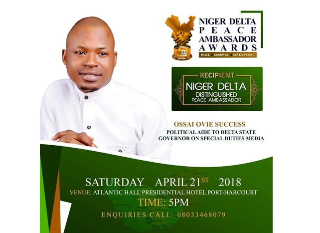 Ossai Ovie Success, Niger Delta Peace Ambassador Awardee
