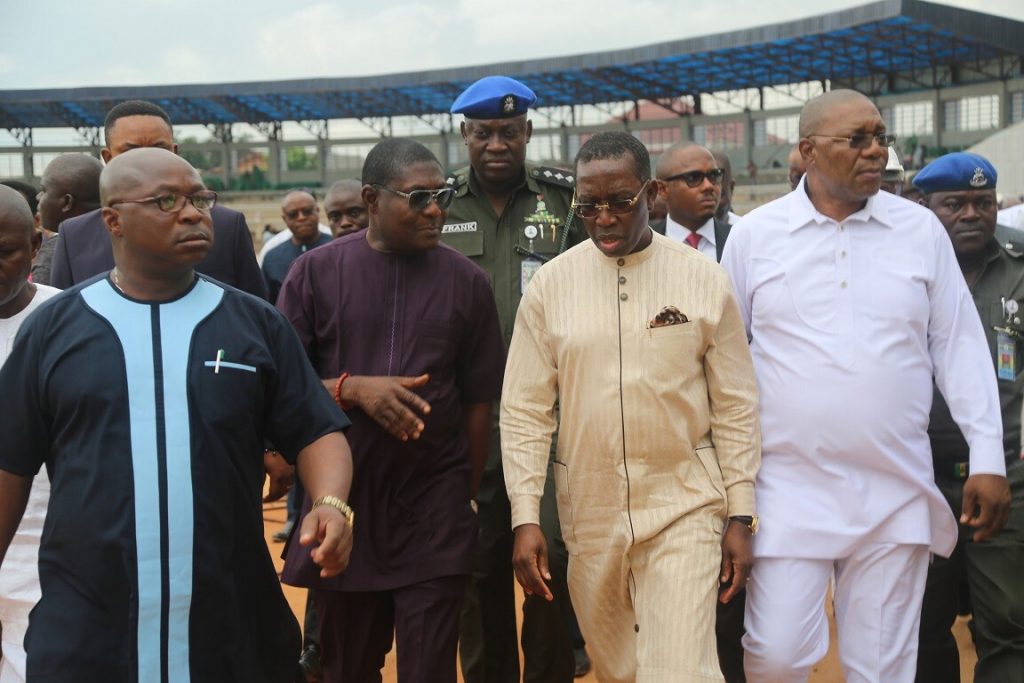 Delta State Governor, Senator Ifeanyi Okowa (2nd right); his Deputy, Barr. Kingsley Otuaro (right); Commissioner for Works, Chief James Augoye (2nd left) and Commissioner for Housing, Arch. Joseph Ogeh, during the Governor’s Inspection at Asaba Township Stadium, Delta State.