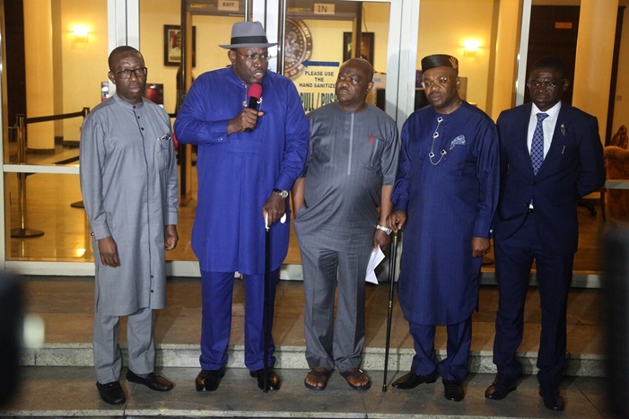 From left; Delta State Governor, Senator Ifeanyi Okowa; Governor of Bayelsa, Sariake Dickson; Governor of Rivers, Nyesom Wike; Governor of Akwa-Ibom , Udom Emmanuel and Edo State Deputy Governor, Philip Shaibu, during the South-South Governor’s Forum Meeting, held in Government House Port-Harcourt.