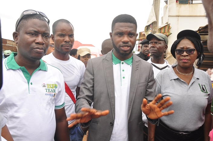 General Manager, Edo State Waste Management Board (EWMB), Mr. Charles Imariagbe (middle); Chairperson, International Federation of Women Lawyers, Edo Chapter (FIDA), Mrs. Edeke Maria Omozele (right); and staff of EWMB, Adams Hafiz (left); during the awareness creation campaign to sensitise Benin City residents on proper waste disposal, in parts of the city on Tuesday, June 26, 2018