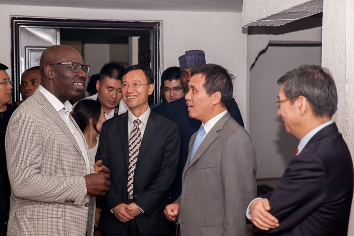 Edo State Governor, Mr. Godwin Obaseki (left); Chinese Ambassador to Nigeria, Dr. Zhou Pingjian (2nd right); and other members of the Chinese delegation, during a courtesy visit to the governor, at Government House, in Benin City.