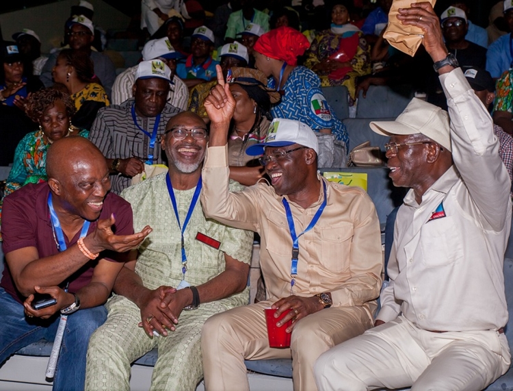 R-L: National Chairman of All Progressives Congress (APC), Comrade Adams Oshiomhole; Edo State Deputy Governor, Rt. Hon. Philip Shaibu; Chairman, APC, Edo State Chapter, Barr. Anselm Ojezua; and Special Adviser to the Edo State Governor on Political Matters, Chief Osaro Idah, at the APC National Convention in Abuja at the weekend.