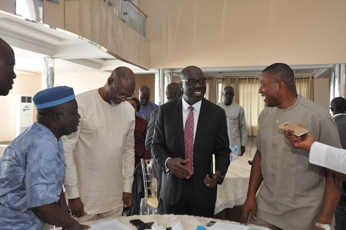 Edo State Governor, Mr. Godwin Obaseki (second right), Representative of the Speaker, Edo State House of Assembly and Majority Leader, Hon. Asoro Roland (right); Chairman, Edo State Chapter of All Progressives Congress (APC), Barr. Anselm Ojezua (second left); and the Secretary, Edo State APC, Mr. Lawrence Okah (left), during the Edo State APC Executive Retreat in Benin City, on Friday, June 8, 2018.