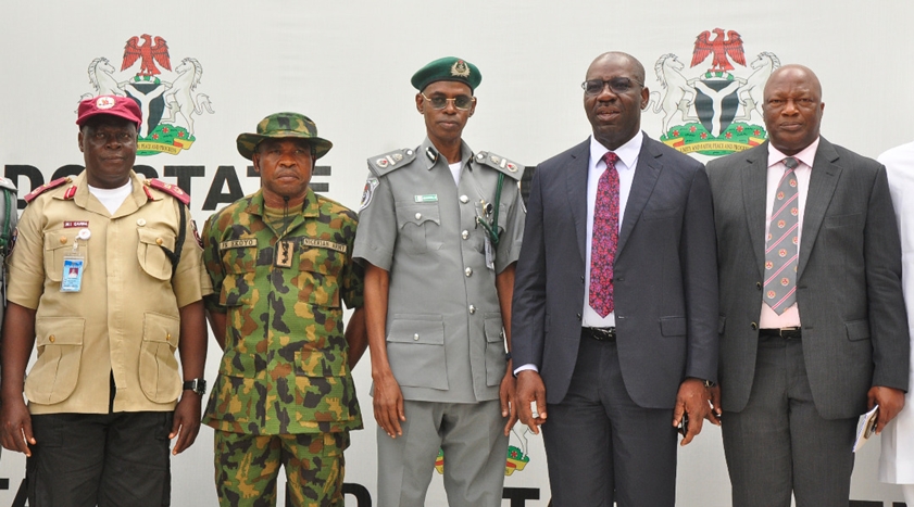 Edo State Governor, Mr. Godwin Obaseki (second right); Secretary to the State Government, Osarodion Ogie Esq (right).; Assistant-Comptroller-General, Nigerian Customs Service, Azarema Abdulkadir (middle); Col. Francis N. Ekoyo (second left); and Garba Mohammed (left), during the courtesy visit by members of the National Logistics Committee on Distribution of Relief Materials for IDPs, to the governor, at Government House, Benin City.