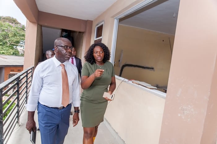 Edo State Governor, Mr. Godwin Obaseki (left); Senior Special Assistant to the Governor on Skills Development and Job Creation/Head, EdoJobs, Mrs. Dare Ukinebo, during the governor’s inspection of ongoing reconstruction of the Institute of Continuing Education, Benin City, to serve as an Innovation Hub in Benin City.