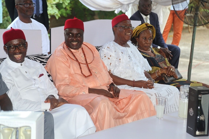 From Left; Delta State Governor, Senator Ifeanyi Okowa; former Governor, Chief James Ibori; former Deputy Governor, Sir Benjamin Elue and his wife, Lady Esther, during a reception in organized by Chief Benjamin Elue in honour of Chief James Ibori, at Obior, Aniocha North LGA.