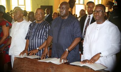 From right; Delta State Governor, Senator Ifeanyi Okowa; former Governor of Delta State, Chief James Ibori; Senator Peter Nwaoboshi and Senator James Manager, during the requiem Mass in honour of Late Senator Francis Nwajei, at St’ Patrick’s Catholic Church, Asaba.