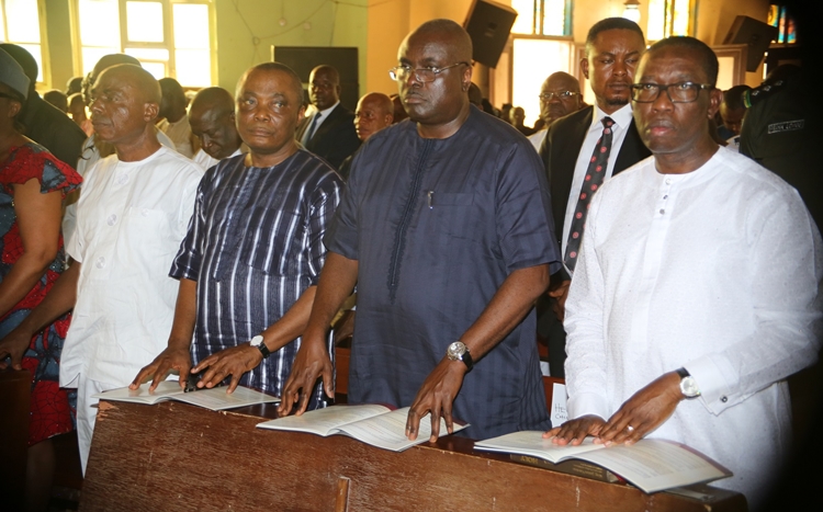 From right; Delta State Governor, Senator Ifeanyi Okowa; former Governor of Delta State, Chief James Ibori; Senator Peter Nwaoboshi and Senator James Manager, during the requiem Mass in honour of Late Senator Francis Nwajei, at St’ Patrick’s Catholic Church, Asaba.
