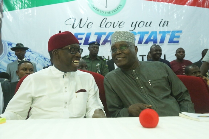 Delta State Governor, Senator Ifeanyi Okowa (2nd left); Former Vice President of the Federal Republic of Nigeria, Alhaji Atiku Abubakar, during a Consultative visit by Alhaji Atiku Abubakar to the Delta State Chapter of the Peoples Democratic Party in Government House, Asaba.