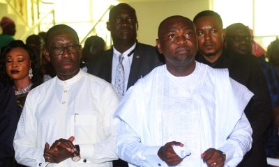 Delta State Governor, Senator Ifeanyi Okowa(left) and Pastor Emmanuel Emefienim, during the Thanksgiving Service on the Appointment of Pastor Emefienim as Executive Director Sterling Bank, at RCCG Champions Cathedral, Airport Road Warri.