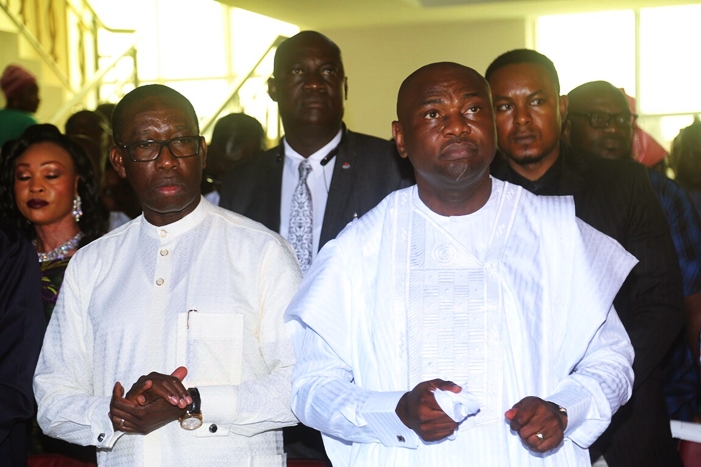 Delta State Governor, Senator Ifeanyi Okowa(left) and Pastor Emmanuel Emefienim, during the Thanksgiving Service on the Appointment of Pastor Emefienim as Executive Director Sterling Bank, at RCCG Champions Cathedral, Airport Road Warri.
