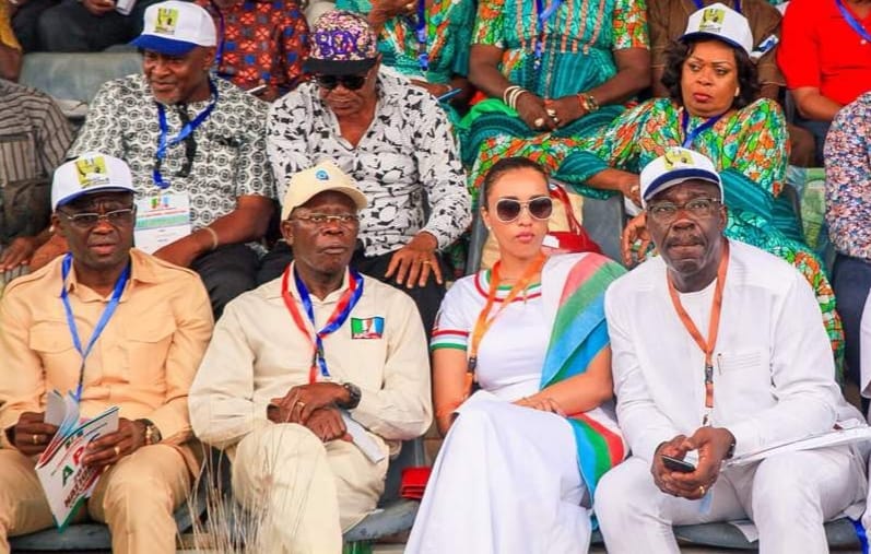 R-L: Edo State Governor, Mr Godwin Obaseki; wife of the National Chairman, All Progressives Congress (APC), Mrs Lara Oshiomhole; National Chairman of APC, Comrade Adams Oshiomhole; and the Edo State Deputy Governor, Rt. Hon. Philip Shaibu, at the APC National Convention in Abuja at the weekend.