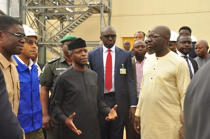 R-L: Governor, Edo State, Mr. Godwin Obaseki; Vice President, Prof. Yemi Osinbajo; Managing Director, Azura-Edo Power Plant, David Ladipo; and Deputy Governor of Edo State, Rt. Hon Philip Shaibu, during the Vice President’s visit to the power plant in Edo State, on Friday, June 15, 2018.