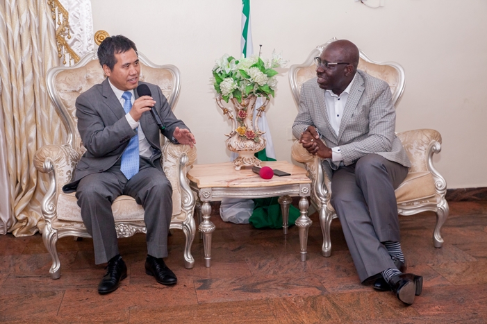 Edo State Governor, Mr. Godwin Obaseki (left); and the Chinese Ambassador to Nigeria, Dr. Zhou Pingjian; during the courtesy visit by the Ambassador, to the governor, at Government House, in Benin City.