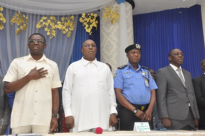 L-R: Edo State Deputy Governor, Rt. Hon Philip Shaibu; Delta State Deputy Governor, Barr. Kingsley Otuaro; Assistant Inspector General of Police, Zone 5, Rasheed O. Akintunde; and Permanent Secretary, Delta State Boundary Committee, Mr. Jude Aguonye, at a joint inter-state boundary meeting between Edo and Delta States at the Government House, in Benin City, Edo State.