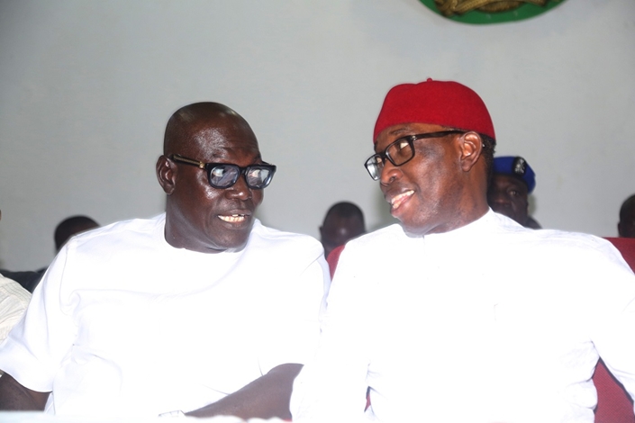 Delta State Governor, Senator Ifeanyi Okowa (right) and Chairman, Delta State Peoples Democratic Party (PDP), Barr. Kingsley Esiso, during the Governor’s Meeting with Leaders of the State Chapter of the Peoples Democratic Party (PDP), in Government House Asaba.