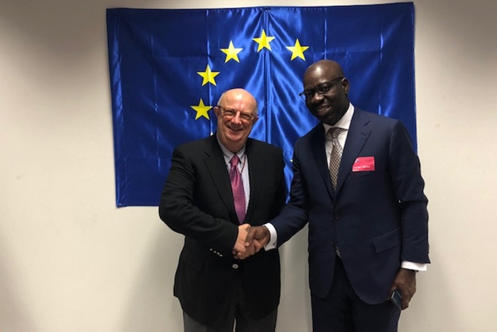 Edo State Governor, Mr. Godwin Obaseki (right); and Member, European Parliament, Santiago Fisas, at the European Parliament, in Brussels, Belgium.