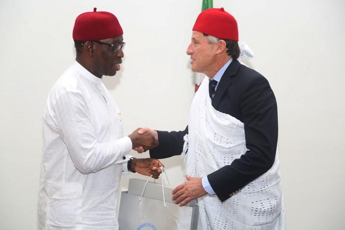 Delta State Government, Senator Ifeanyi Okowa (left) and President of International Association of Athletics Federation (IAAF), Lord Sebastian Coe, during a courtesy call on the Governor, in Government House Asaba, Delta State.