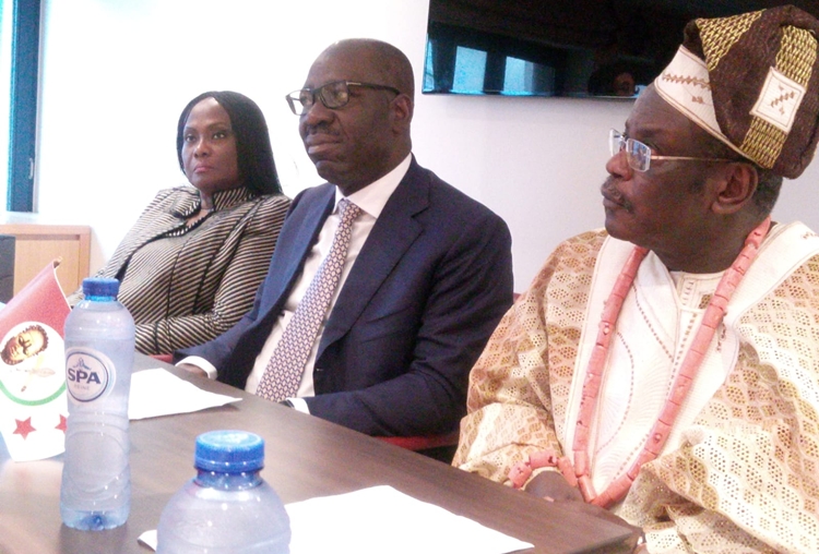 Edo State Governor, Mr. Godwin Obaseki (middle); Commissioner for Justice and Chairman, Edo State Taskforce Against Human Trafficking, Prof. Yinka Omorogbe (left); and President, Great Benin Origins, Engr. Isaac Igbinosun, during the Town Hall Meeting, in Brussels, Belgium.