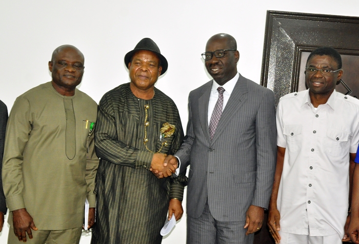 Edo State Governor, Mr. Godwin Obaseki (2nd right); his Deputy, Rt. Hon. Philip Shaibu (right); Edo State Resident Commissioner, Independent National Electoral Commission (INEC), Emmanuel Alex Hart (2nd left); and Administrative Secretary, INEC, Dr. Richard Ntui (left), during the Commissioner’s courtesy visit at the Government House, in Benin City, on Thursday, July 5, 2018.