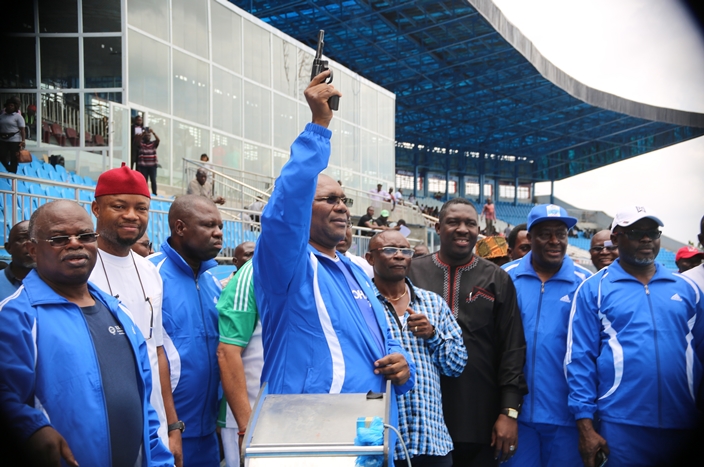 Delta State Acting Governor, Barr. Kingsley Otuaro (4th left); member representing Aniocha North LGA. Hon Emeka Nwobi, (2nd left); the Chairman, Local organizing committee for Asaba 2018, Chief Solomon Ogba (left), and others, during the African Tour and the Test Run of Facilities the 21st African Senior Athletics Championship at Stephen Keshi Stadium in Asaba.