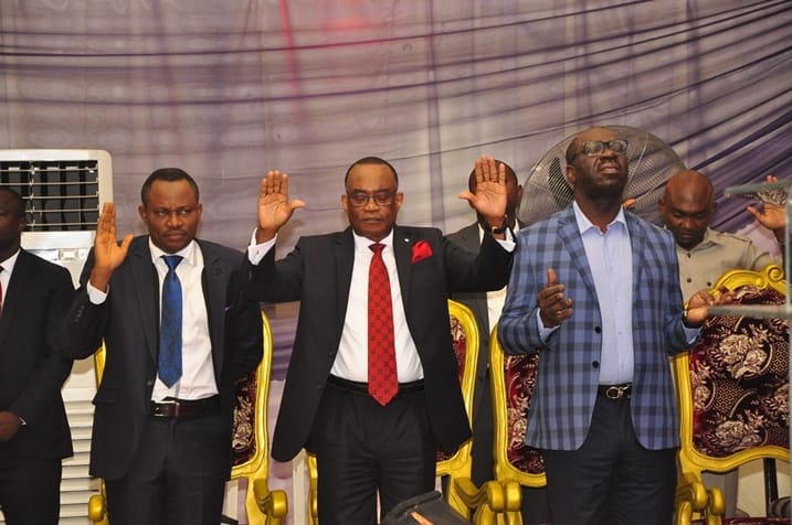 R-L: Edo State Governor, Mr. Godwin Obaseki; Managing Director, Presco Nig. Plc., Elder Felix Nwabuko; and Kogi District Superintendent, Assemblies of God, Gabriel Michael; at the 18th Annual Convention of Assemblies of God Church, in Benin City, Edo State, on Friday, July 20, 2018.