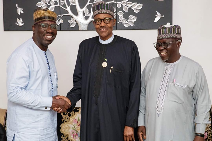 L-R: Edo State Governor, Mr. Godwin Obaseki, President Muhammadu Buhari and Nassarawa State Governor, Umaru Tanko Al-Makura at the 31st Ordinary Session of the Assembly of Heads of Government of the African Union (AU), held in Mauritania.