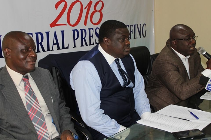 Delta State Commissioner for Youth Develoment, Hon. Oghenekaro Ilolo (Middle) during the 2018 Ministerial Press Briefing