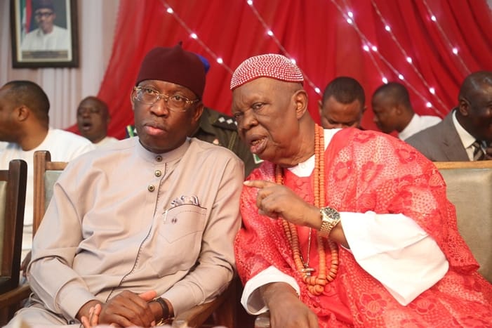 Delta State Governor, Senator Ifeanyi Okowa (left) and His Royal Majesty Emmanuel Efeizomor II, Obi of Owa Kingdom
