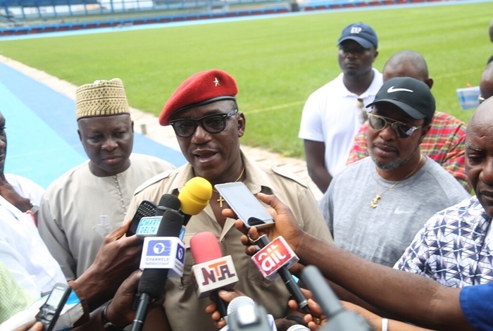 President of Athletics Federation of Nigeria (AFN) Hon. Ibrahim Sholy Gausau (left); Minister of Sport, Solomon Dalong (middle) and Chairman State Sports Commission, Tony Okowa, during the Inspection of Stephen Keshi Stadium, towards the Preparation of the 21st African Senior Athletics Championship Game in Asaba, Delta State.
