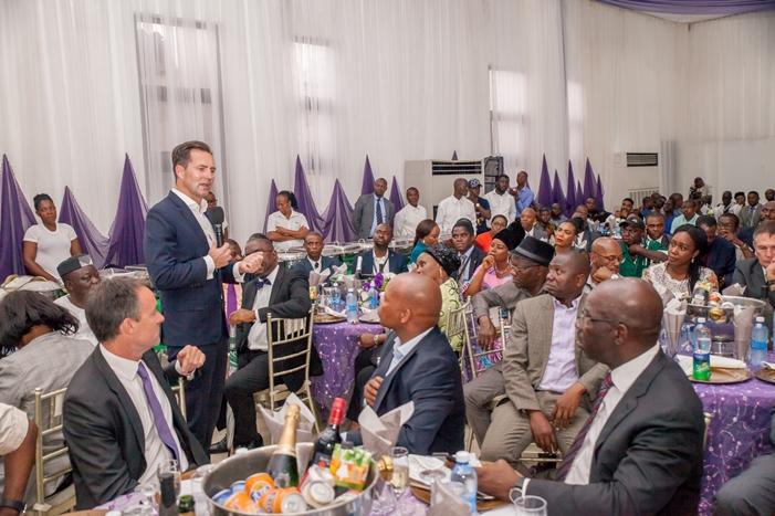 Chairman and Managing Director of Volkswagen South Africa, Mr. Thomas Scheafer, speaking at the Edo Automotive Industry Investment Forum, with Edo State Governor, Mr. Godwin Obaseki (right), and other members of the African Association of Automotive Manufacturers (AAAM), during the forum, held in Benin City.