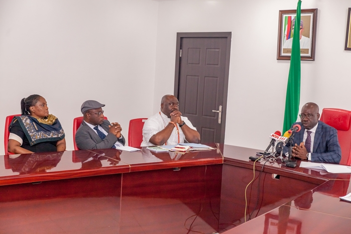 Edo State Governor, Mr. Godwin Obaseki (right); Chairman, 2018 Edo State Festival for Arts and Culture (EDOFEST) Committee and Commissioner for Arts, Culture, Tourism and Diaspora Affairs, Osaze Osemwegie-Ero (2nd right), and Commissioner for Justice and Attorney General, Prof. Yinka Omorogbe (left), during the inauguration of the 2018 EDOFEST Committee at Government House in Benin City, on Tuesday, August 14, 2018.