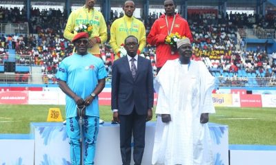 Governor of Delta State, Senator Ifeanyi Okowa (middle); the Confederation of African Athletics (CAA),Hamad Kalkaba Malboum (right) and Minister of Sport, Solomon Dalong, during the Opening Ceremony of the 21st African Senior Athletics Championship Asaba 2018.